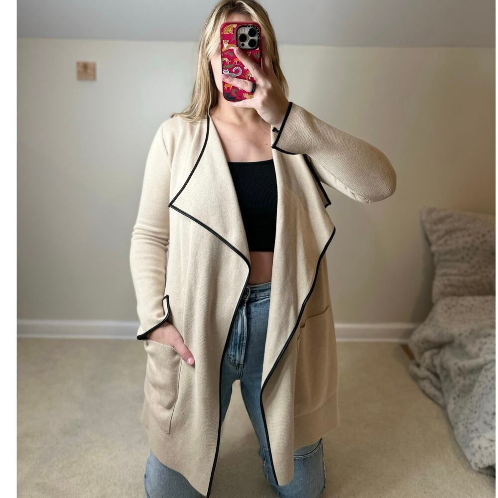 Zara: Tan and Black Leather Trim Long Cardigan
